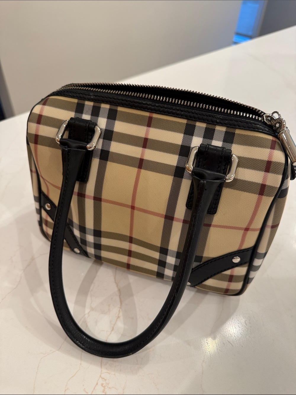 Burberry Beige Plaid Mini Top-Handle Bag with Black Trim